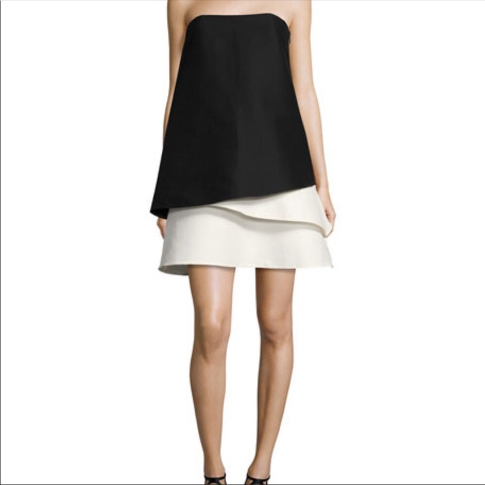 Halston Heritage Strapless Tiered Dress Black 6 Wedding Bridesmaid Asymmetrical